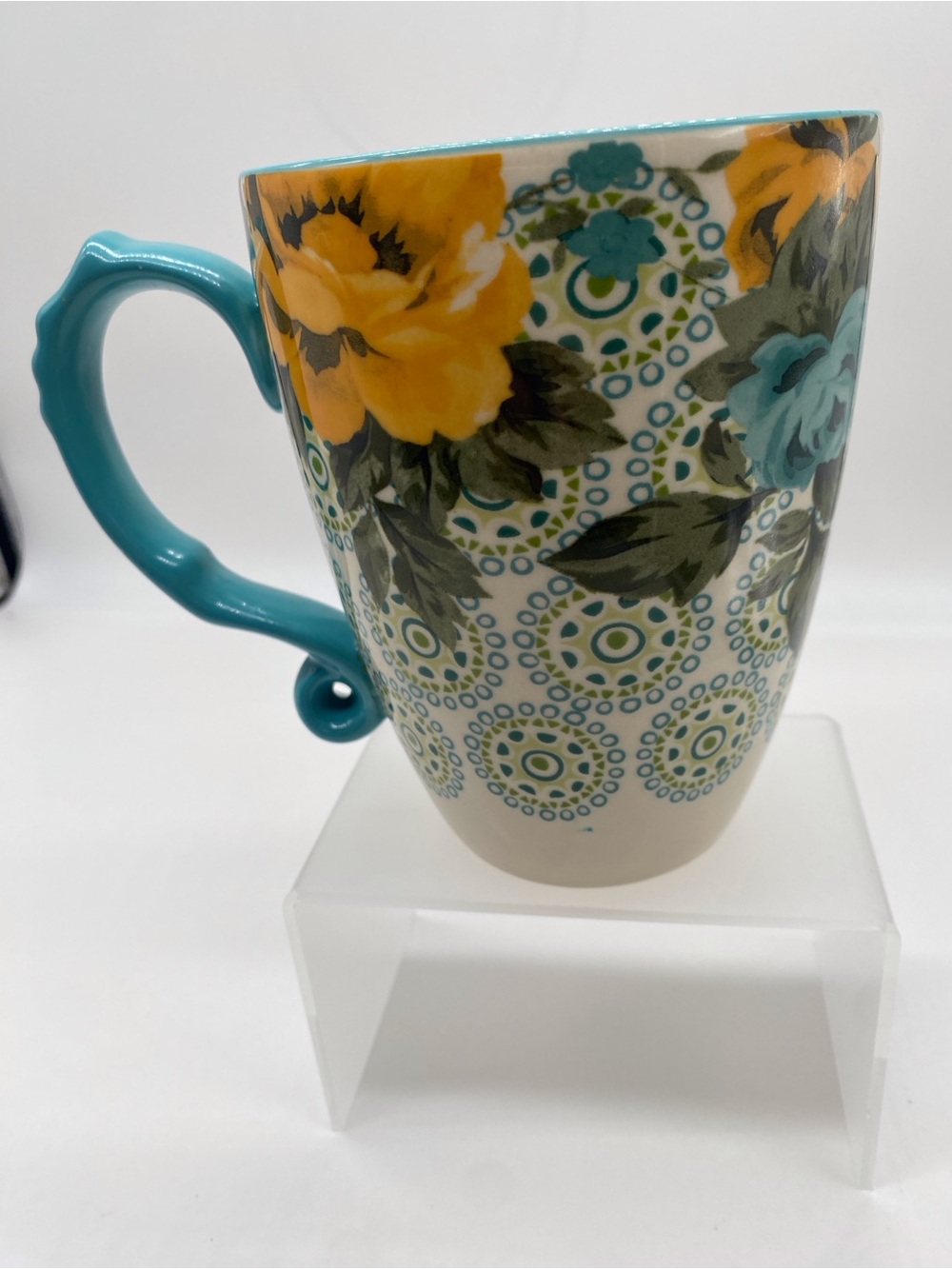 The Pioneer Woman Teal Handle Mug with Yellow and Teal Floral Design